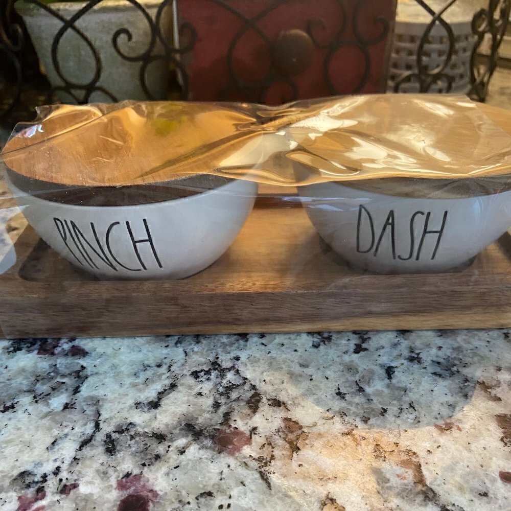 Rae Dunn Ceramic and Wood Pinch&Dash bowl set NWT